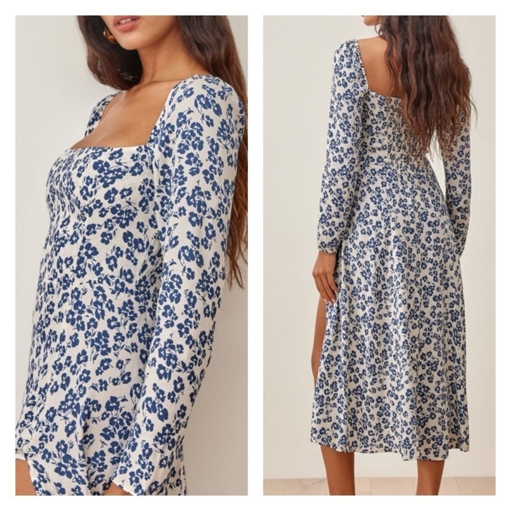 REFORMATION Sigmund Milonesa Blue White Floral Long Sleeve Slit Midi Dress Sz 24 - Picture 5 of 15